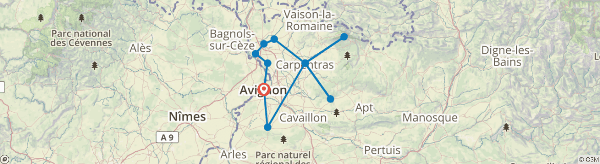 Image of a map showing the route of the tour