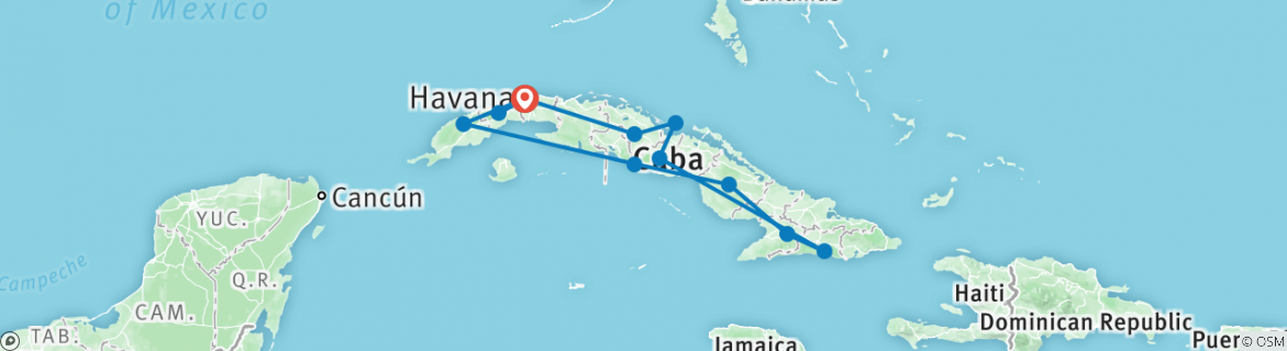 Image of a map showing the route of the tour