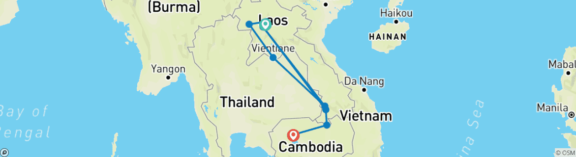 Image of a map showing the route of the tour