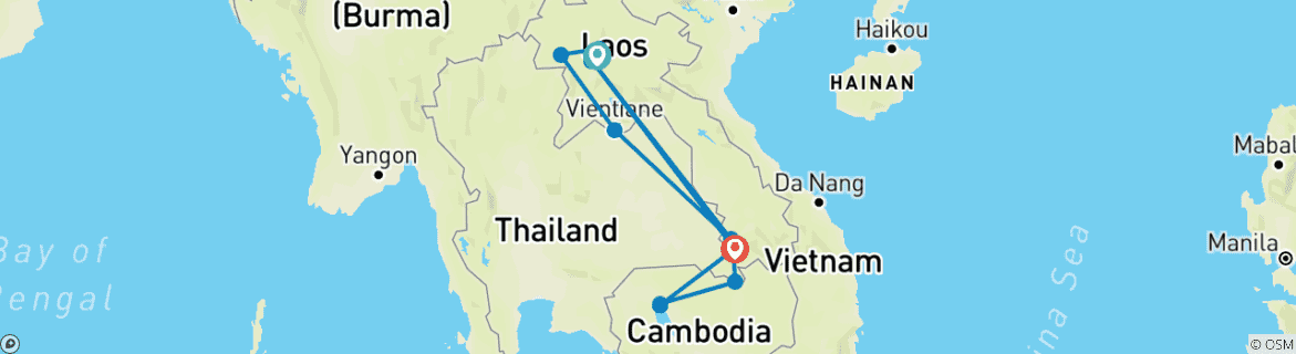 Image of a map showing the route of the tour