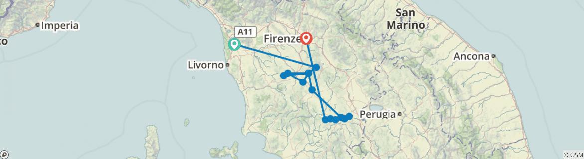 Image of a map showing the route of the tour
