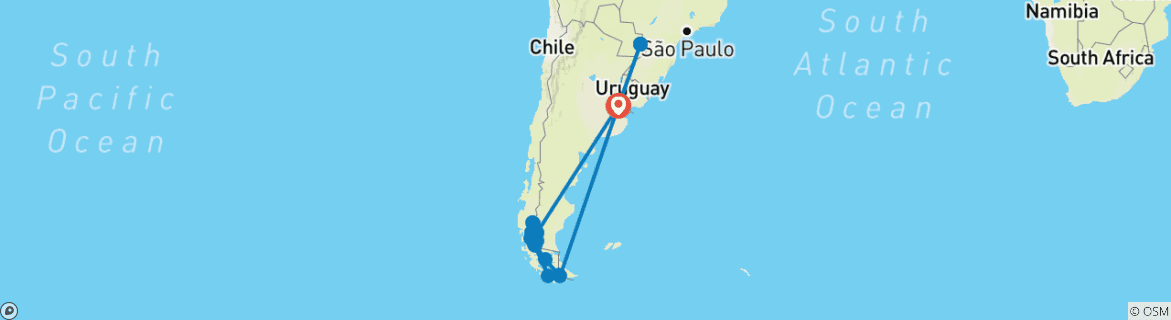 Kaart van Avonturen in Patagonië + Iguazu Verlenging