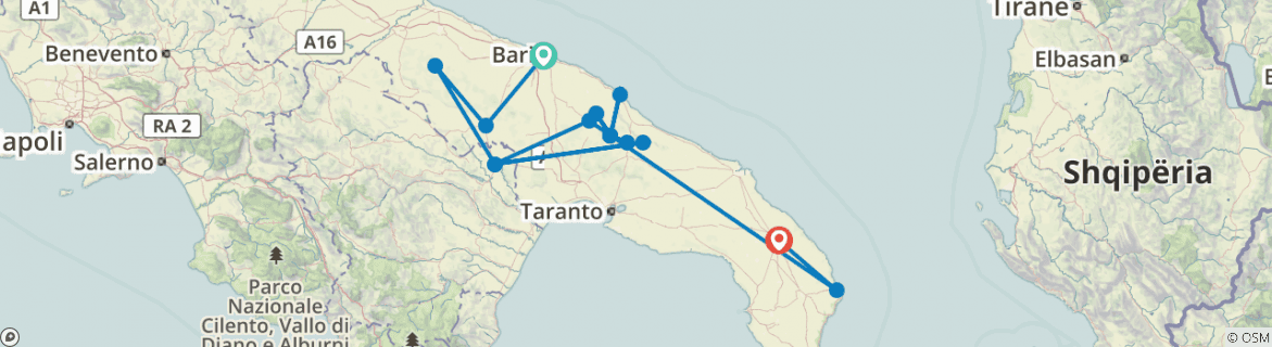 Image of a map showing the route of the tour