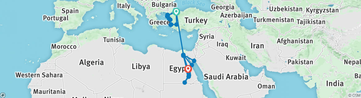 Image of a map showing the route of the tour