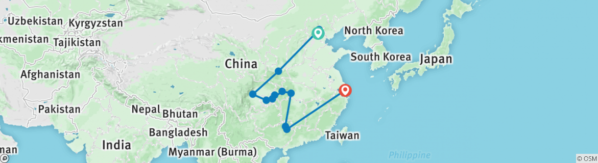 Image of a map showing the route of the tour