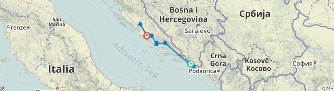Image of a map showing the route of the tour