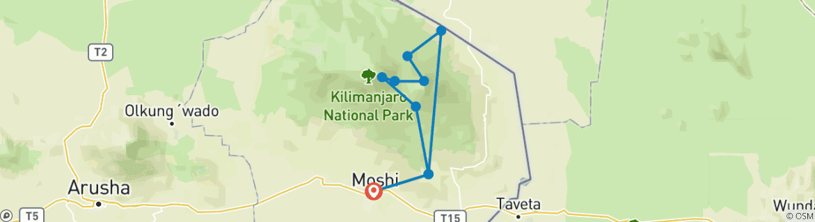 Carte du circuit 7 jours sur la route de Rongai - Un trek isolé et pittoresque vers le sommet du Kilimandjaro