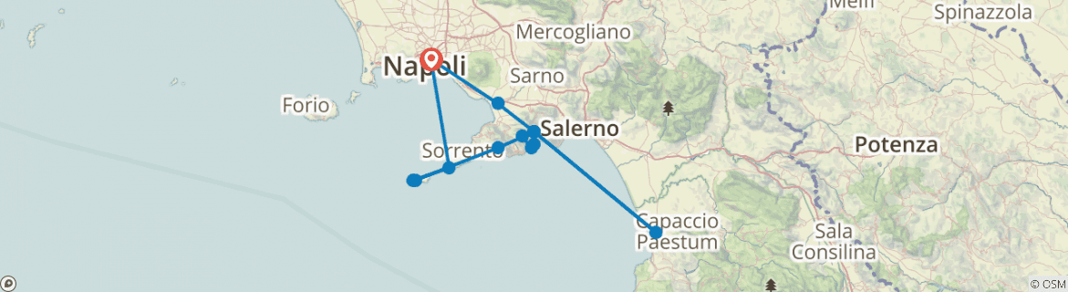 Image of a map showing the route of the tour