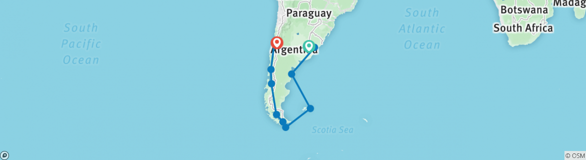 Image of a map showing the route of the tour