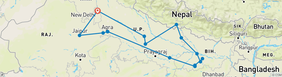 Image of a map showing the route of the tour