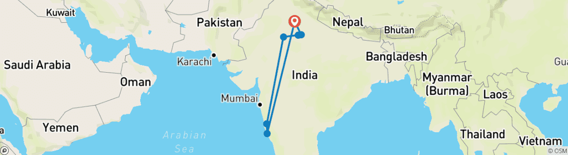 Image of a map showing the route of the tour