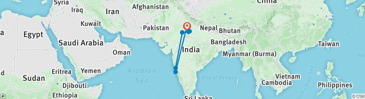 Image of a map showing the route of the tour