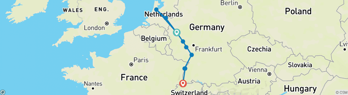 Image of a map showing the route of the tour