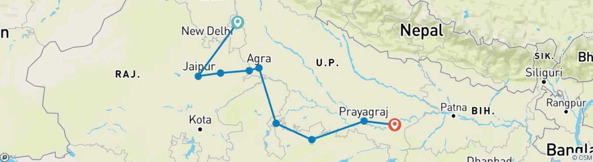 Image of a map showing the route of the tour