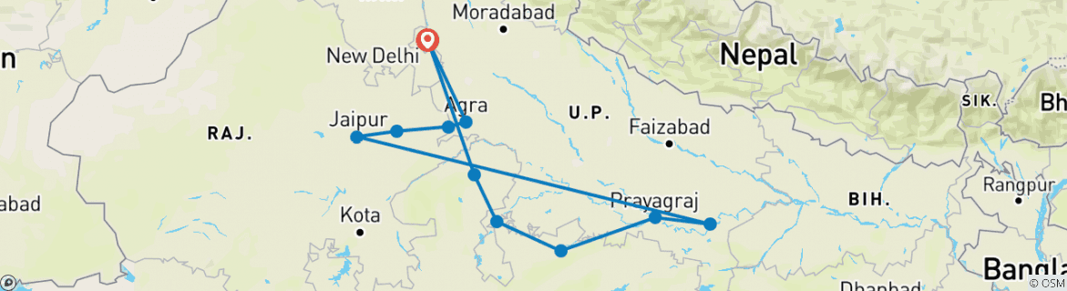 Image of a map showing the route of the tour