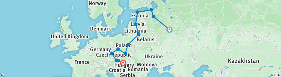 Image of a map showing the route of the tour