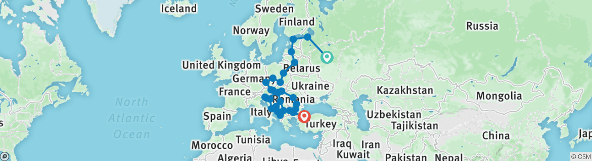Image of a map showing the route of the tour