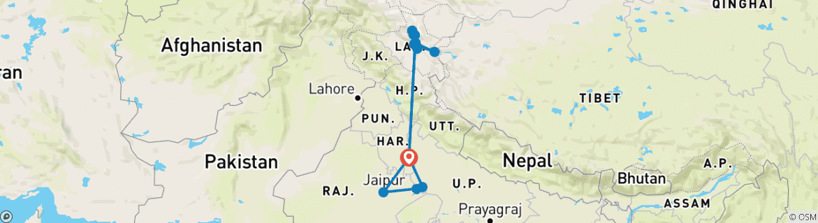 Image of a map showing the route of the tour