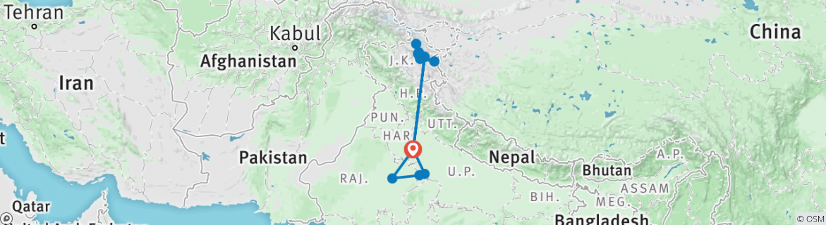 Image of a map showing the route of the tour