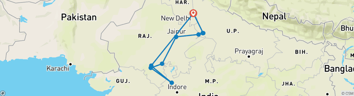 Image of a map showing the route of the tour