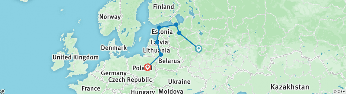 Image of a map showing the route of the tour
