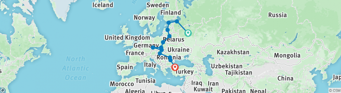 Image of a map showing the route of the tour