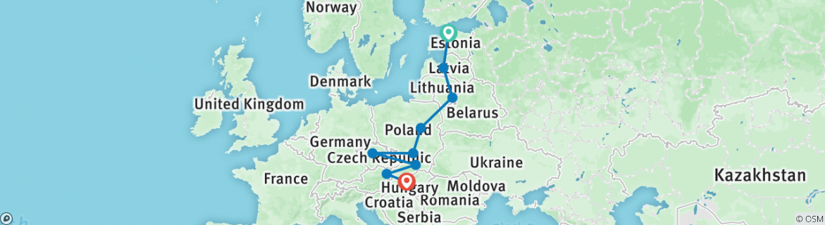 Image of a map showing the route of the tour