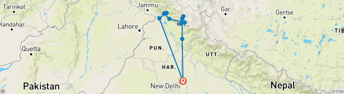 Image of a map showing the route of the tour