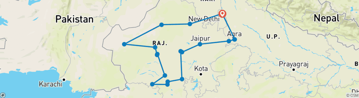 Image of a map showing the route of the tour