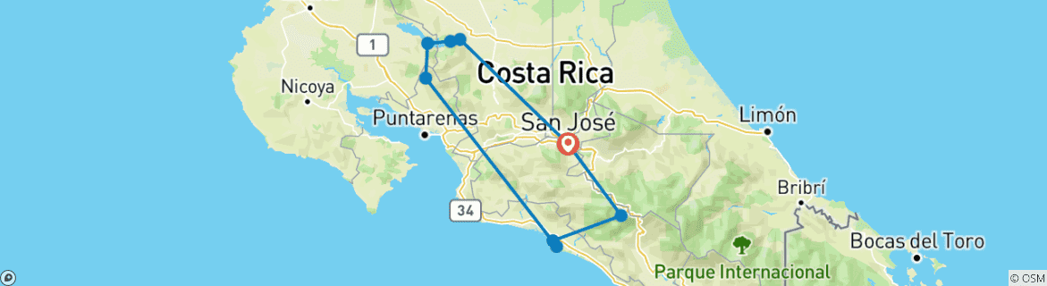 Image of a map showing the route of the tour