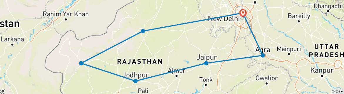 Image of a map showing the route of the tour