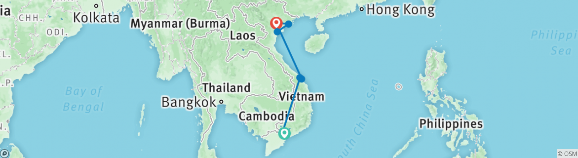 Image of a map showing the route of the tour