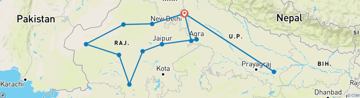 Image of a map showing the route of the tour