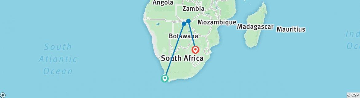 Image of a map showing the route of the tour