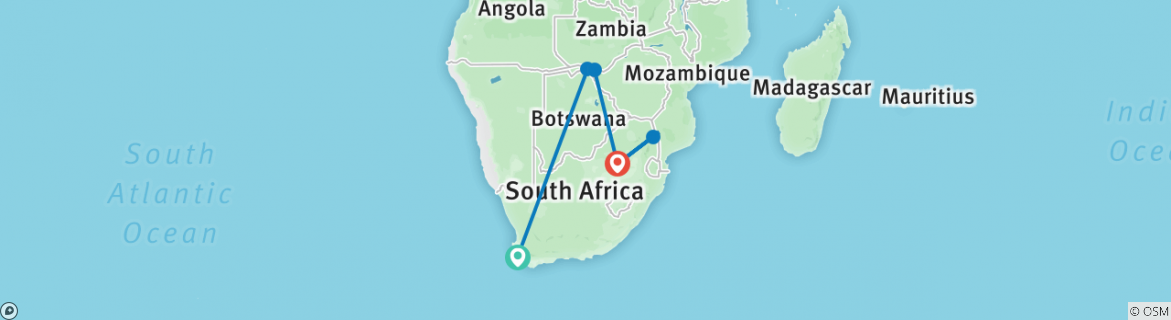 Image of a map showing the route of the tour