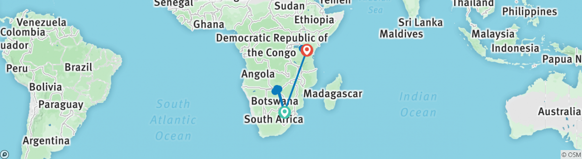 Image of a map showing the route of the tour