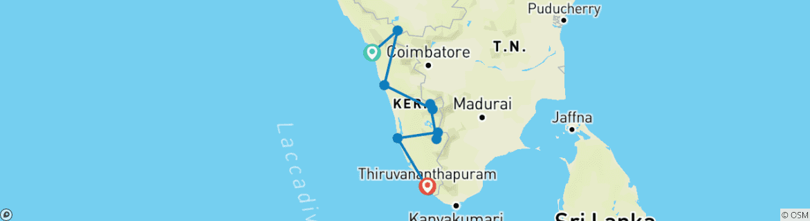 Image of a map showing the route of the tour