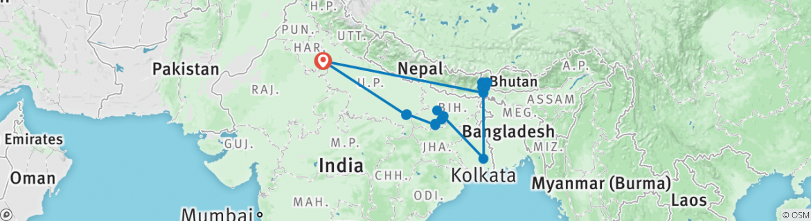 Image of a map showing the route of the tour