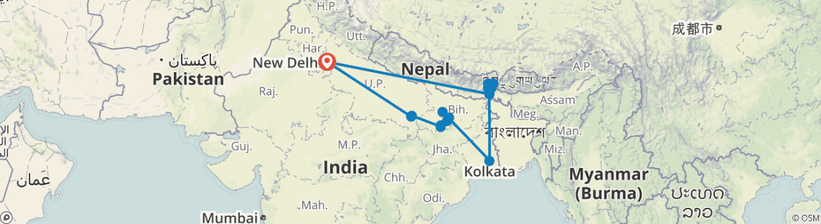 Image of a map showing the route of the tour