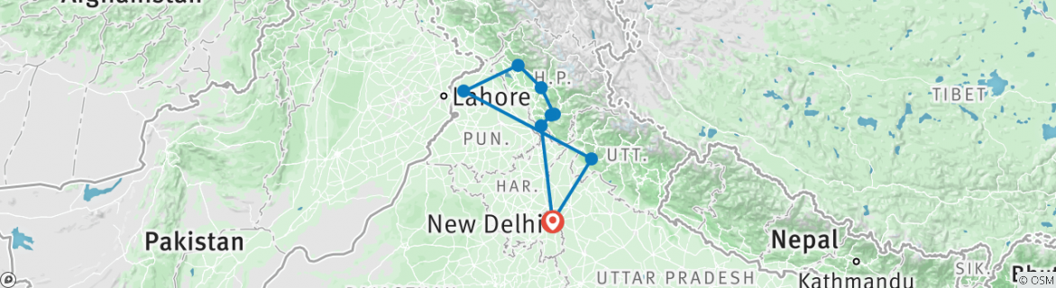 Image of a map showing the route of the tour