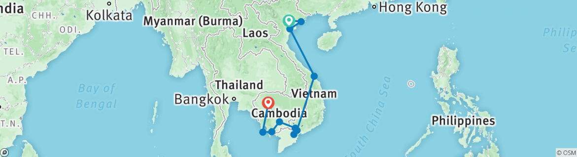 Image of a map showing the route of the tour