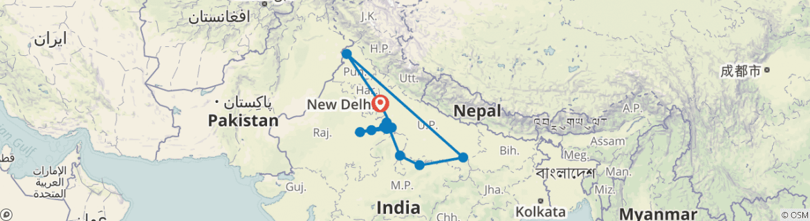 Image of a map showing the route of the tour