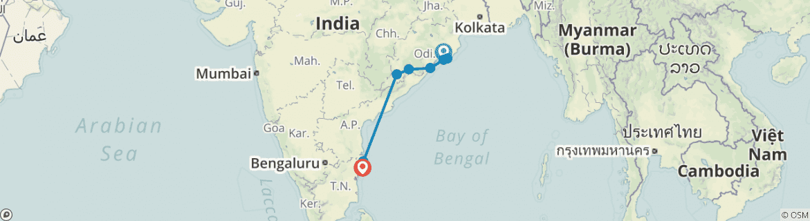 Image of a map showing the route of the tour