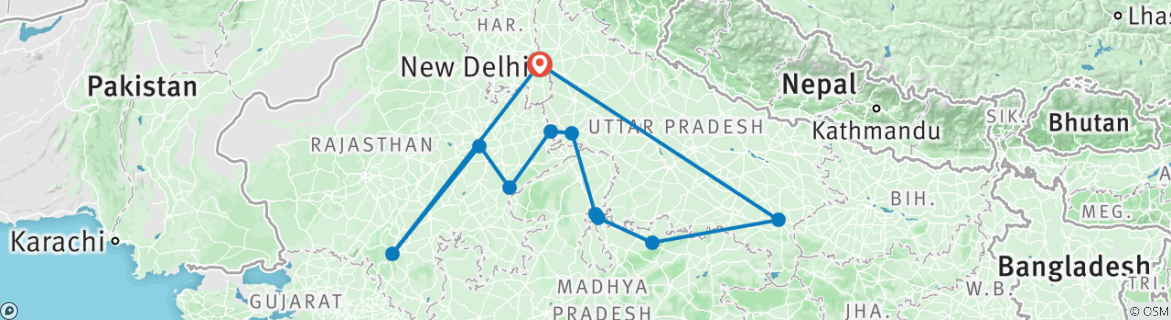 Image of a map showing the route of the tour