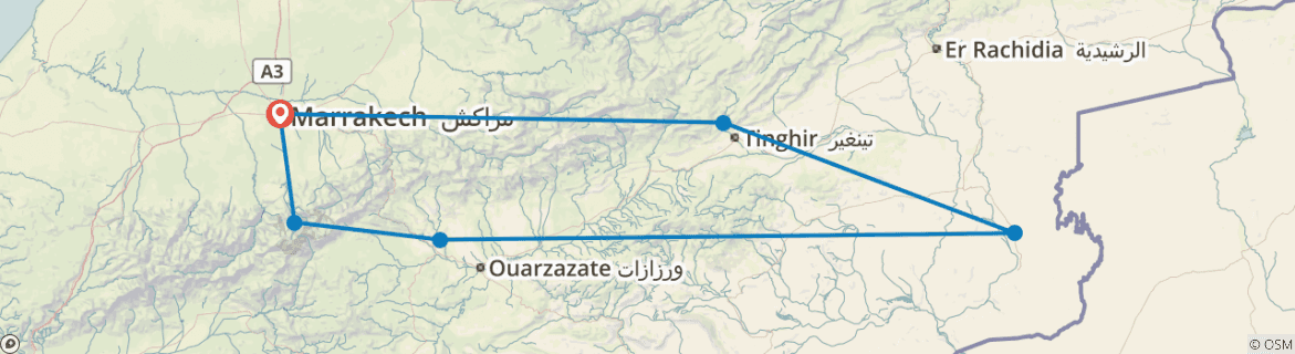 Image of a map showing the route of the tour