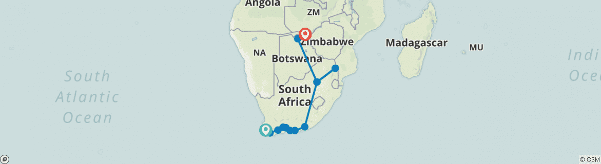 Image of a map showing the route of the tour