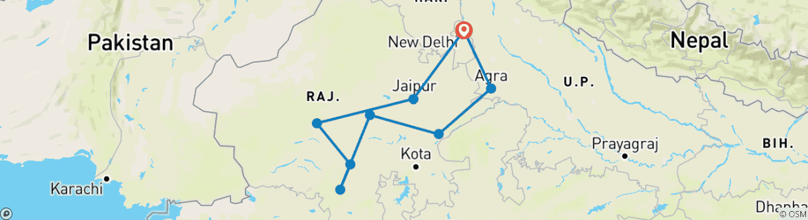 Carte du circuit Taj Mahal et Rajasthan avec séjour royal dans des châteaux