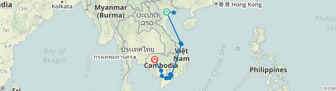 Image of a map showing the route of the tour