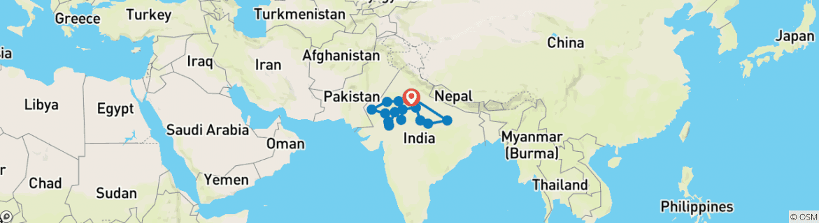 Image of a map showing the route of the tour