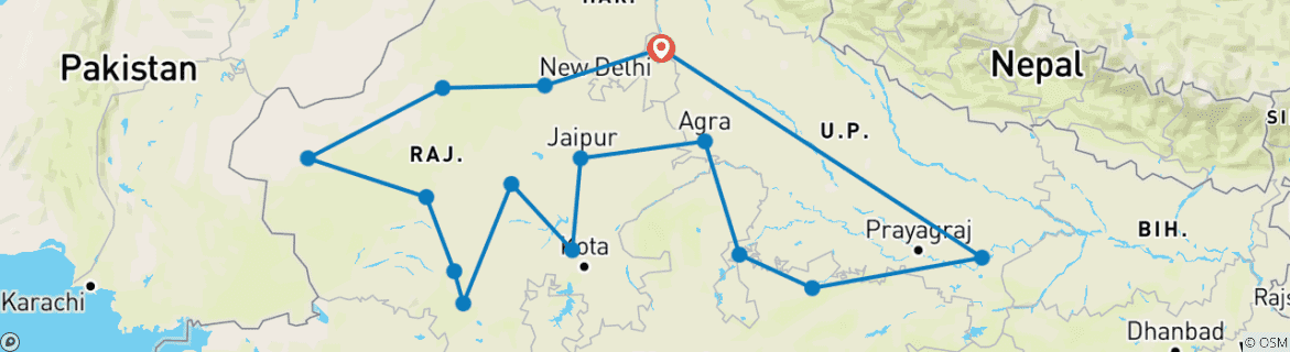 Image of a map showing the route of the tour